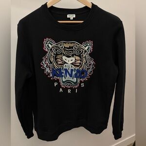 Kenzo Paris Fleece Sweat Shirt Crew Neck Tiger Embroidery Black XXL